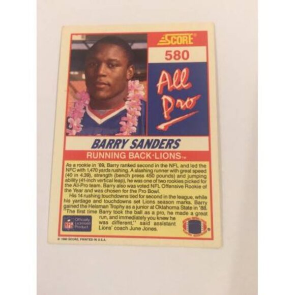 1990 Score Barry Sanders LIONS #580 (034) - Picture 2 of 2